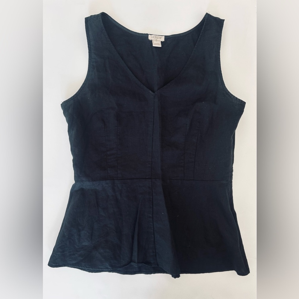 J Crew Factory Peplum Top Sz 4 Linen Blend Sleeveless Black Coastal Resortwear